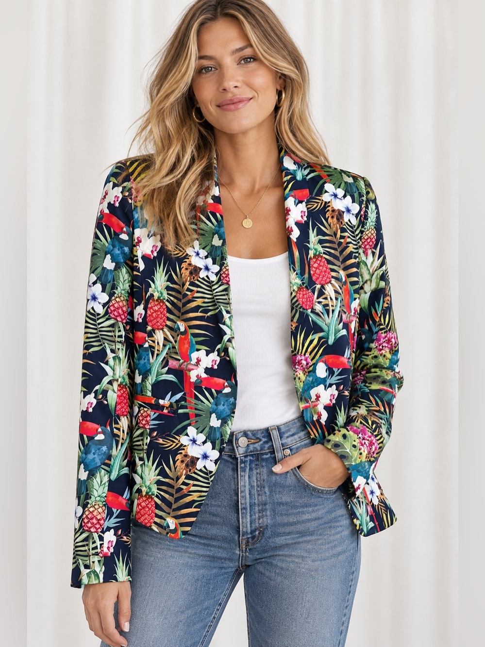 Ovi Navy Tropical Floral Print Blazer